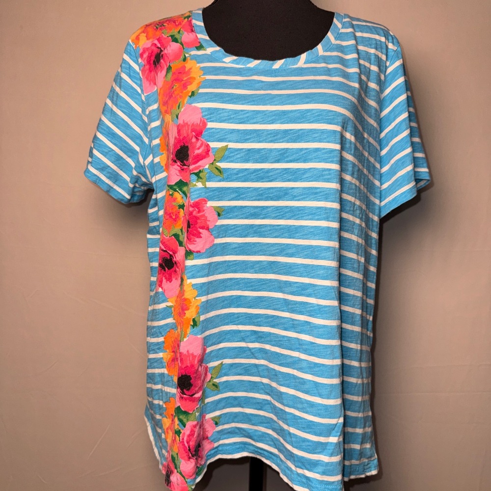 Caribbean Joe Woman 2X Plus Blue Striped Floral S/S Cotton T-Shirt Top Tropical